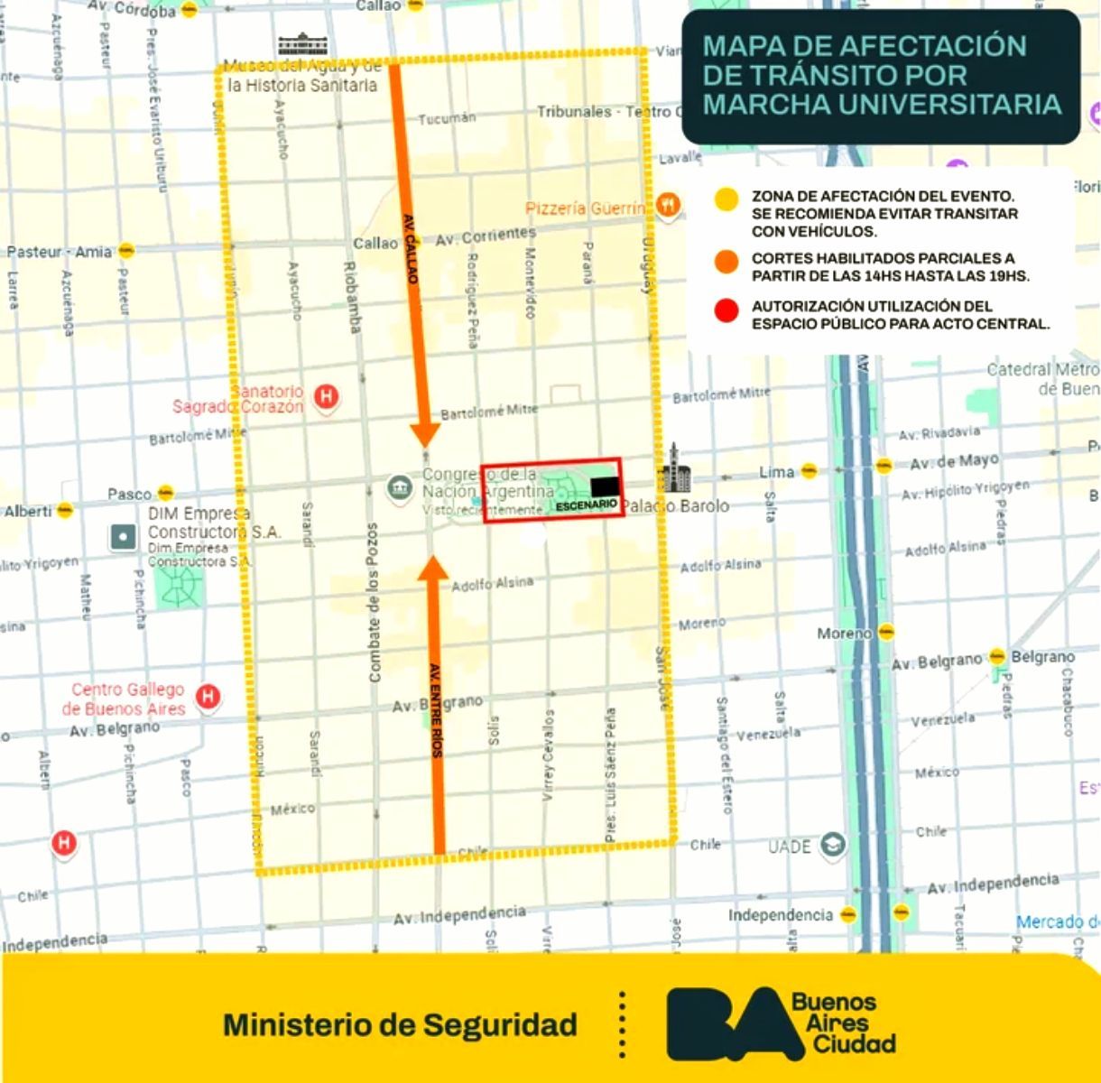 El Argentino Diario-Mapa de los cortes por la marcha universitaria.