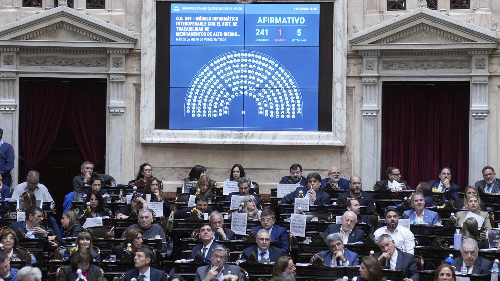 Recinto de la Cámara de Diputados con el tablero de la votación de la trazabilidad de medicamentos