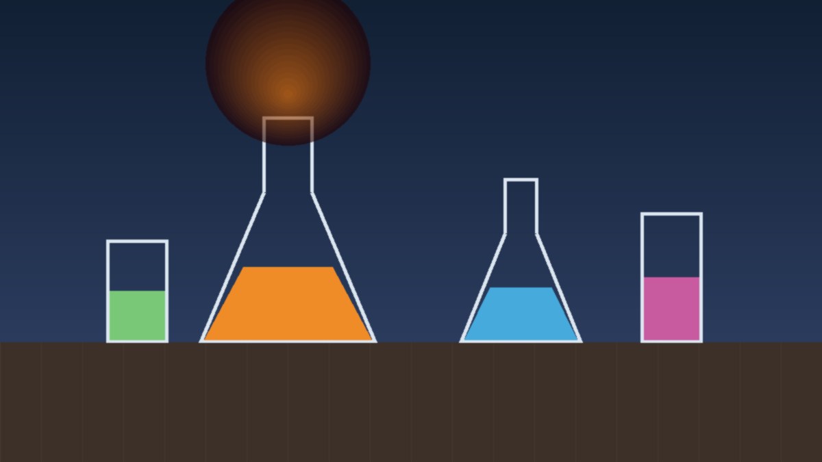 Ilustración de recipientes de laboratorio escolar sobre una mesada