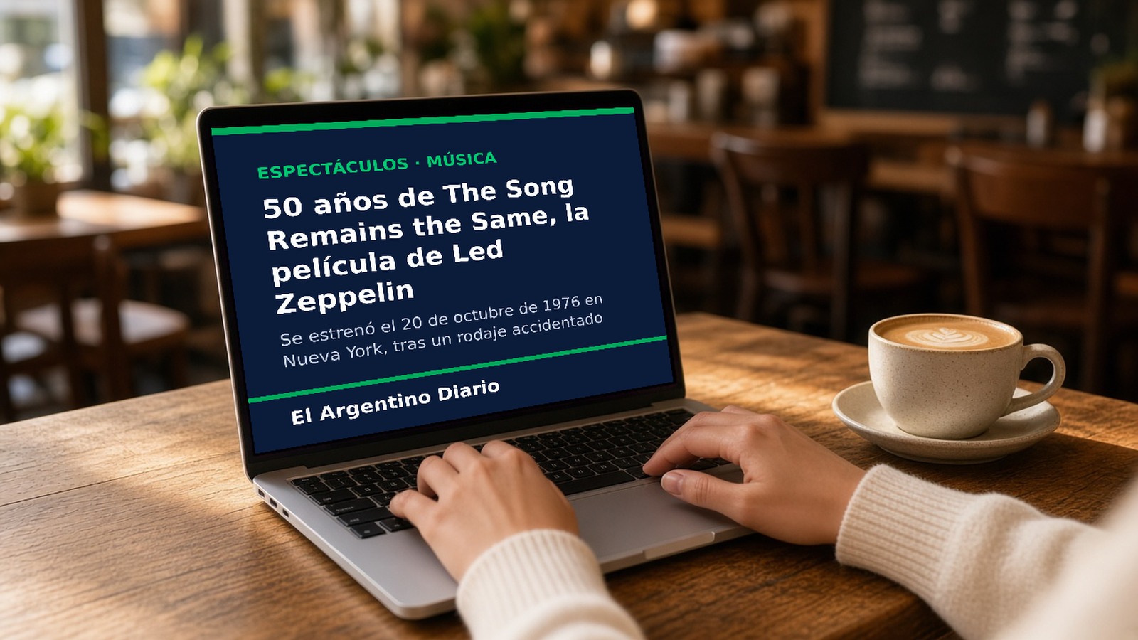 Placa de El Argentino Diario sobre los 50 años de The Song Remains the Same en la pantalla de una notebook en un café